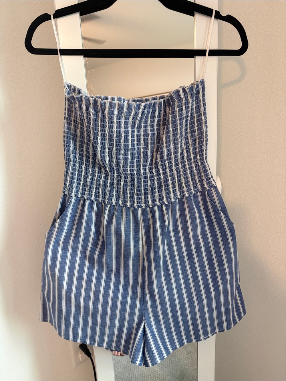 Love Tree Blue and White Striped Smocked-Waist Shorts